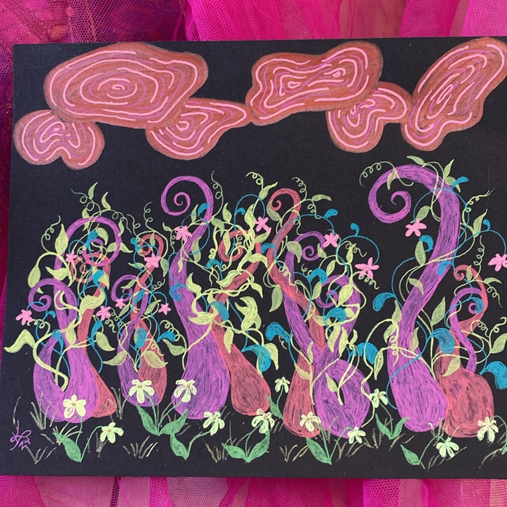 Unframed Original Art Drawing Fantasy Garden Illustration w Flowers & Vines